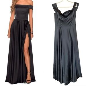 La Femme 28978 Off Shoulder A Line Gown Plus Sz 20 Satin Black Slit Prom NEW